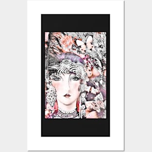 floral collage art deco flapper orange grey Posters and Art